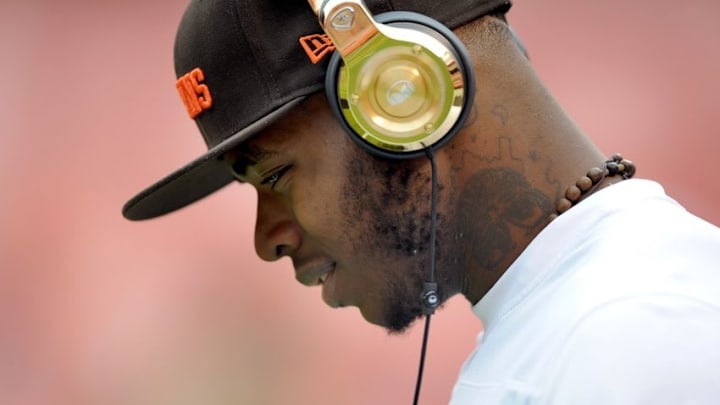 Dec 14, 2014; Cleveland, OH, USA; Cleveland Browns wide receiver Josh Gordon (12) before the game between the Cleveland Browns and the Cincinnati Bengals at FirstEnergy Stadium. Mandatory Credit: Ken Blaze-USA TODAY Sports