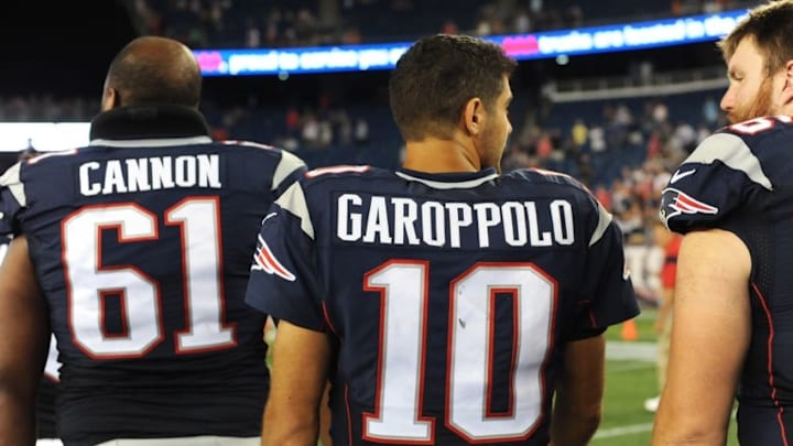 Aug 11, 2016; Foxborough, MA, USA; New England Patriots quarterback Jimmy Garoppolo (10) walks off the field after defeating the New Orleans Saints at Gillette Stadium. Mandatory Credit: Bob DeChiara-USA TODAY Sports