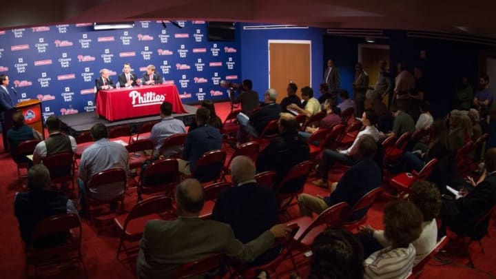 Oct 26, 2015; Philadelphia, PA, USA; General view of the press conference to introduce new Philadelphia Phillies general manager Matt Klentak at Citizens Bank Park. Mandatory Credit: Bill Streicher-USA TODAY Sports
