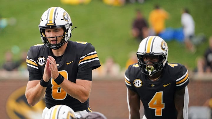 Sep 4, 2021; Columbia, Missouri, USA; Missouri Tigers quarterback Connor Bazelak (8) readies for the snap against the Central Michigan Chippewas during the game at Faurot Field at Memorial Stadium. Mandatory Credit: Denny Medley-USA TODAY Sports