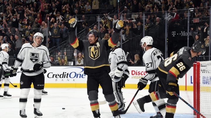 LAS VEGAS, NEVADA – SEPTEMBER 27: Mark Stone #61 of the Vegas Golden Knights celebrates after a goal by teammate Brayden McNabb #3 during the third period against the Los Angeles Kings at T-Mobile Arena on September 27, 2019 in Las Vegas, Nevada. (Photo by David Becker/NHLI via Getty Images)