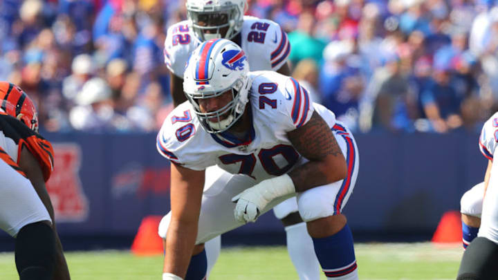 ORCHARD PARK, NY - SEPTEMBER 22: Cody Ford #70 of the Buffalo Bills waits for the snap during the first half against the Cincinnati Bengals at New Era Field on September 22, 2019 in Orchard Park, New York. Buffalo beats Cincinnati 21 to 17. (Photo by Timothy T. Ludwig/Getty Images)
