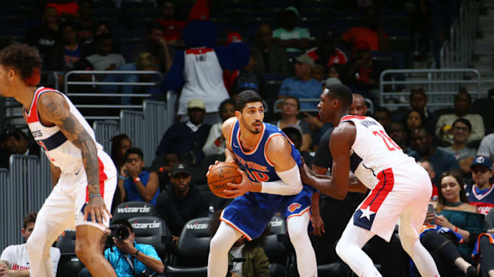 WASHINGTON, DC - OCTOBER 6: Enes Kanter #00 of the New York Knicks handles the ball against the Washington Wizards during the preseason game on October 6, 2017 at Capital One Arena in Washington, DC. Copyright 2017 NBAE (Photo by Ned Dishman/NBAE via Getty Images)