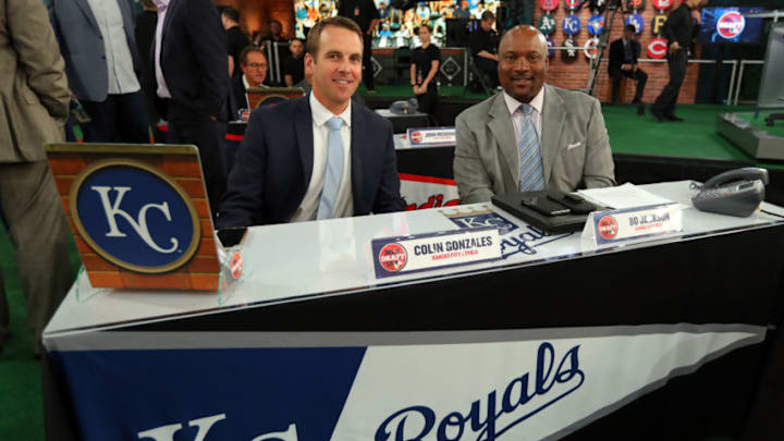Kansas City Royals team reps Colin Gonzalez and Bo Jackson pose for a photo prior to the 2018 Major League Baseball Draft (Photo by Alex Trautwig/MLB Photos via Getty Images)