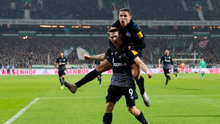 BREMEN, GERMANY – NOVEMBER 23: Benito Raman of FC Schalke 04 with Amine Harit of FC Schalke 04 celebrates after scoring his team’s second goal during the Bundesliga match between SV Werder Bremen and FC Schalke 04 at Wohninvest Weserstadion on November 23, 2019 in Bremen, Germany. (Photo by TF-Images/Getty Images)