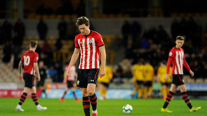 WOLVERHAMPTON, ENGLAND – MARCH 11: Sam Gallagher of Southampton looks dejected after Wolverhampton Wanderers’ third goal during the Premier League 2 match between Wolverhampton Wanderers U23 and Southampton U23 at Molineux on March 11, 2019 in Wolverhampton, England. (Photo by Alex Burstow/Getty Images)