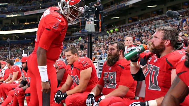 Dec 17, 2015; St. Louis, MO, USA; Tampa Bay Buccaneers quarterback Jameis Winston (3) talks to his teammates on the sidelines in the second half against the St. Louis Rams at the Edward Jones Dome. The Rams won 31-23. Mandatory Credit: Aaron Doster-USA TODAY Sports Dec 17, 2015; St. Louis, MO, USA; Tampa Bay Buccaneers quarterback Jameis Winston (3) talks to his teammates on the sidelines in the second half against the St. Louis Rams at the Edward Jones Dome. The Rams won 31-23. Mandatory Credit: Aaron Doster-USA TODAY Sports