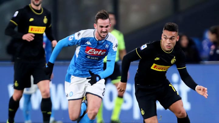 NAPLES, ITALY - JANUARY 06: Lautaro Martínez of FC Internazionale competes for the ball with Fabian Ruiz of SSC Napoli during the Serie A match between SSC Napoli and FC Internazionale at Stadio San Paolo on January 6, 2020 in Naples, Italy. (Photo by MB Media/Getty Images)