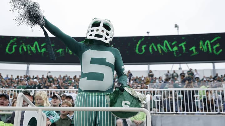 EAST LANSING, MI – SEPTEMBER 28: Michigan State Spartans fan gets ready at the start of the game against the Indiana Hoosiers at Spartan Stadium on September 28, 2019, in East Lansing, Michigan. (Photo by Joe Robbins/Getty Images)