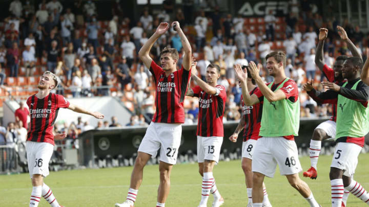 Daniel Maldini of AC Milan celebrates after his team's 2-1 win over Spezia during which he joined his father and grandfather in scoring for I Rossoneri. (Photo by Gabriele Maltinti/Getty Images)