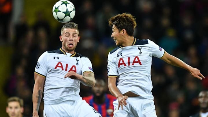 MOSCOW, RUSSIA - SEPTEMBER 27: Toby Alderweireld (L) and Heung-Min Son of Tottenham Hotspur FC during the UEFA Champions League match between PFC CSKA Moskva and Tottenham Hotspur FC at the CSKA Arena stadium on September 27, 2016 in Moscow. (Photo by Epsilon/Getty Images)