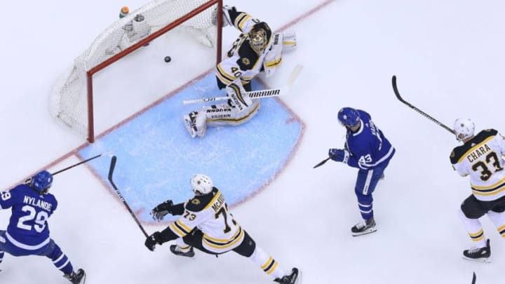 TORONTO, ON - APRIL 23: William Nylander #29 of the Toronto Maple Leafs fires a shot past Tuukka Rask #40 of the Boston Bruins in Game Six of the Eastern Conference First Round in the 2018 Stanley Cup Play-offs at the Air Canada Centre on April 23, 2018 in Toronto, Ontario, Canada. The Maple Leafs defeated the Bruins 3-1.(Photo by Claus Andersen/Getty Images) *** Local Caption *** William Nylander; Tuukka Rask
