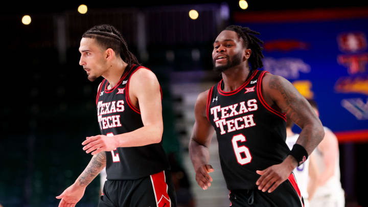 Nov 23, 2023; Paradise Island, BAHAMAS; Texas Tech Red Raiders guard Pop Isaacs (2) and Texas Tech Red Raiders guard Joe Toussaint (6) react during the first half against the Northern Iowa Panthers at Imperial Arena. Mandatory Credit: Kevin Jairaj-USA TODAY Sports