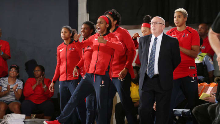 WASHINGTON, DC - AUGUST 23: The Washington Mystics celebrate from the sideline during the game against the Los Angeles Sparks in Round Two of the 2018 WNBA Playoffs on August 23, 2018 at George Washington University in Washington, DC. NOTE TO USER: User expressly acknowledges and agrees that, by downloading and or using this photograph, User is consenting to the terms and conditions of the Getty Images License Agreement. Mandatory Copyright Notice: Copyright 2018 NBAE (Photo by Ned Dishman/NBAE via Getty Images)