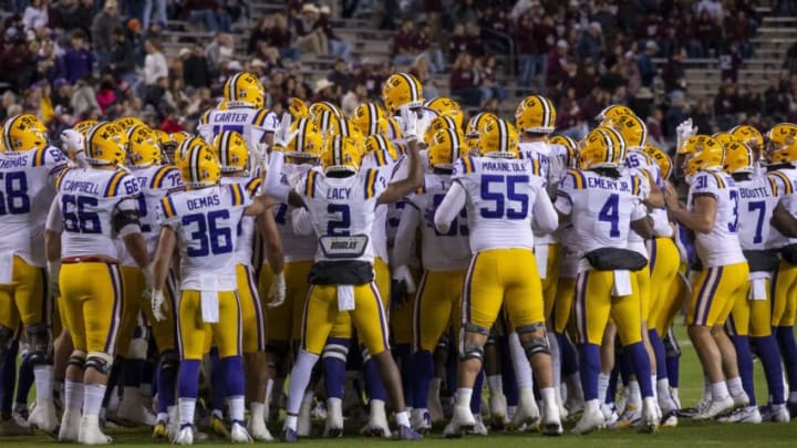 Nov 26, 2022; College Station, Texas, USA; The LSU Tigers take the field before the game between the Texas A&M Aggies and the LSU Tigers at Kyle Field. Mandatory Credit: Jerome Miron-USA TODAY Sports