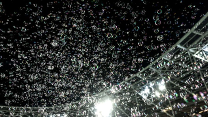 West Ham bubbles at the London Stadium. (Photo by Matthew Ashton - AMA/Getty Images)