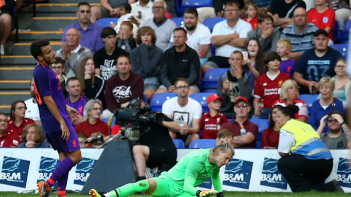 BIRKENHEAD, ENGLAND - JULY 10: Loris Karius of Liverpool reacts after letting in a second goal during the Pre-Season Friendly match between Tranmere Rovers and Liverpool at Prenton Park on July 11, 2018 in Birkenhead, England. (Photo by Jan Kruger/Getty Images)