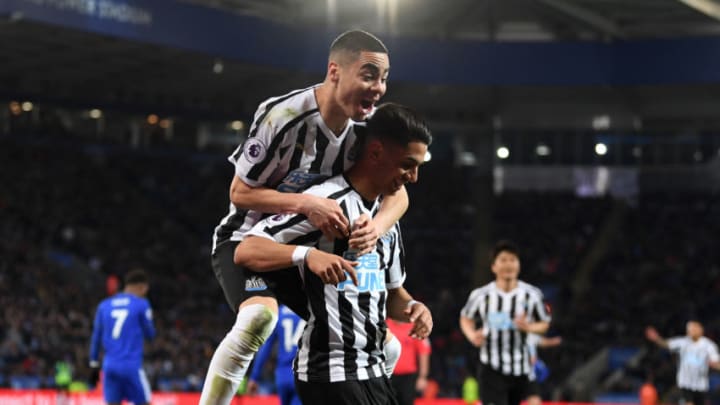 LEICESTER, ENGLAND - APRIL 12: Ayoze Perez of Newcastle United celebrates with teammate Miguel Almiron of Newcastle United after scoring his team's first goal during the Premier League match between Leicester City and Newcastle United at The King Power Stadium on April 12, 2019 in Leicester, United Kingdom. (Photo by Michael Regan/Getty Images)