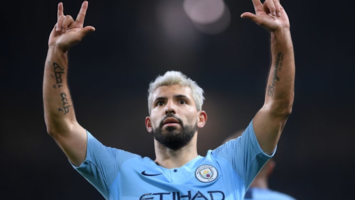 MANCHESTER, ENGLAND - FEBRUARY 27: Sergio Aguero of Manchester City celebrates after scoring his team's first goal during the Premier League match between Manchester City and West Ham United at Etihad Stadium on February 27, 2019 in Manchester, United Kingdom. (Photo by Laurence Griffiths/Getty Images)