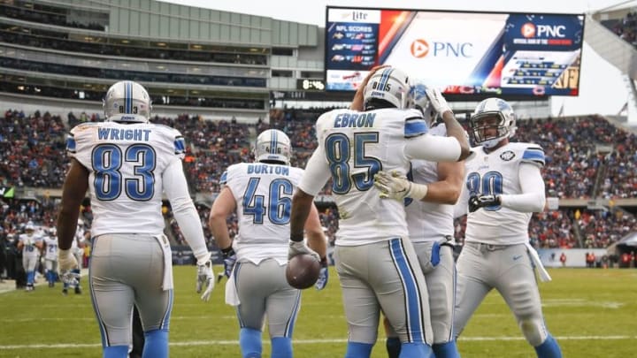 Jan 3, 2016; Chicago, IL, USA; Detroit Lions tight end Eric Ebron (85) celebrates with teammates after scoring a touchdown against Chicago Bears during the second half at Soldier Field. The Lions won 24-20. Mandatory Credit: Kamil Krzaczynski-USA TODAY Sports
