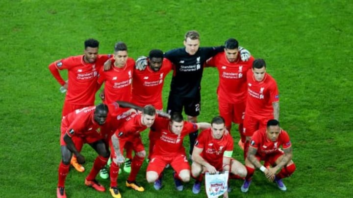 AUGSBURG, GERMANY - FEBRUARY 18: Team Liverpool lines up for the UEFA Europa League round of 32 first leg match between FC Augsburg and Liverpool at WWK-Arena on February 18, 2016 in Augsburg, Germany. (Photo by Alexander Hassenstein/Bongarts/Getty Images)