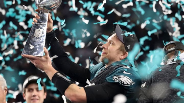 MINNEAPOLIS, MN - FEBRUARY 04: Nick Foles #9 of the Philadelphia Eagles celebrates with the Vince Lombardi Trophy after his teams 41-33 win over the New England Patriots in Super Bowl LII at U.S. Bank Stadium on February 4, 2018 in Minneapolis, Minnesota. The Philadelphia Eagles defeated the New England Patriots 41-33. (Photo by Rob Carr/Getty Images)