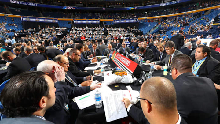 BUFFALO, NY - JUNE 25: A general view of the draft table for the Chicago Blackhawks during the 2016 NHL Draft on June 25, 2016 in Buffalo, New York. (Photo by Bruce Bennett/Getty Images)