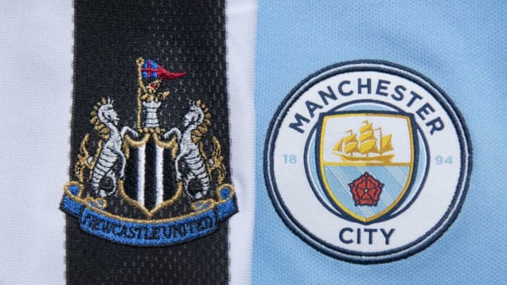 MANCHESTER, ENGLAND - MAY 14: The Newcastle United and Manchester City club crests on their first team home shirts on May 14, 2020 in Manchester, England. (Photo by Visionhaus)