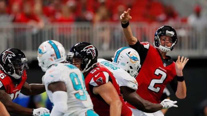 ATLANTA, GA – OCTOBER 15: Matt Ryan #2 of the Atlanta Falcons passes against the Miami Dolphins at Mercedes-Benz Stadium on October 15, 2017 in Atlanta, Georgia. (Photo by Kevin C. Cox/Getty Images)