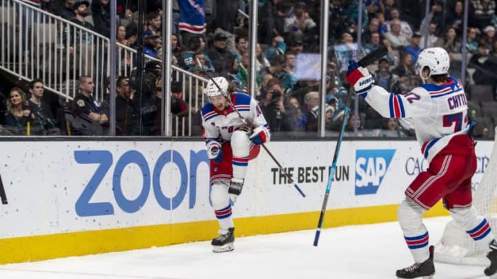 SAN JOSE, CA - DECEMBER 12: New York Rangers Left Wing Artemi Panarin (10) celebrates his goal during the NHL hockey game between the New York Rangers and San Jose Sharks on December, 12, 2019 at the SAP Center in San Jose, CA. (Photo by Bob Kupbens/Icon Sportswire via Getty Images)