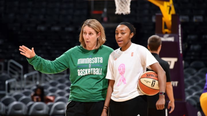 LOS ANGELES, CA – AUGUST 27: Cheryl Reeve of the Minnesota Lynx talks with Renee Montgomery