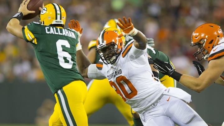 Aug 12, 2016; Green Bay, WI, USA; Cleveland Browns linebacker Emmanuel Ogbah (90) pressures Green Bay Packers quarterback Joe Callahan (6) during the second quarter at Lambeau Field. Mandatory Credit: Jeff Hanisch-USA TODAY Sports