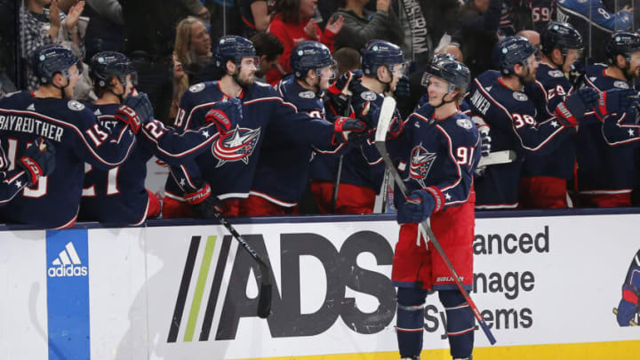 Feb 16, 2023; Columbus, Ohio, USA; Columbus Blue Jackets left wing Kent Johnson (91) celebrates his goal against the Winnipeg Jets during the third period at Nationwide Arena. Mandatory Credit: Russell LaBounty-USA TODAY Sports