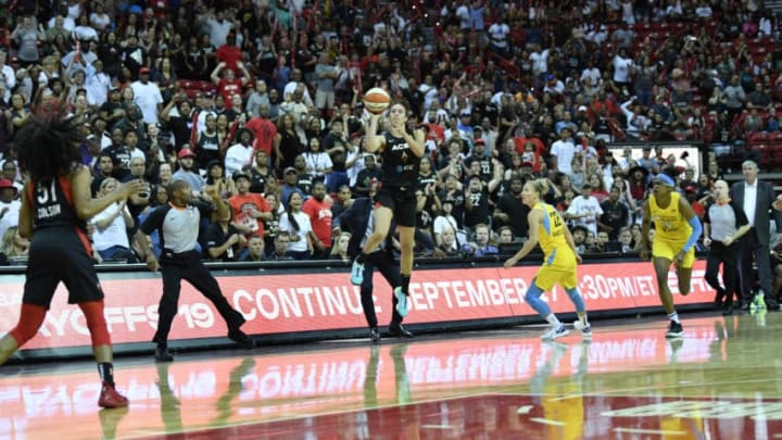 LAS VEGAS, NV - SEPTEMBER 15: Dearica Hambry #5 of the Las Vegas Aces hits the game winning three point basket against the Chicago Sky on September 15, 2019 at the Mandalay Bay Events Center in Las Vegas, Nevada. NOTE TO USER: User expressly acknowledges and agrees that, by downloading and or using this photograph, User is consenting to the terms and conditions of the Getty Images License Agreement. Mandatory Copyright Notice: Copyright 2019 NBAE (Photo by Jeff Bottari/NBAE via Getty Images)