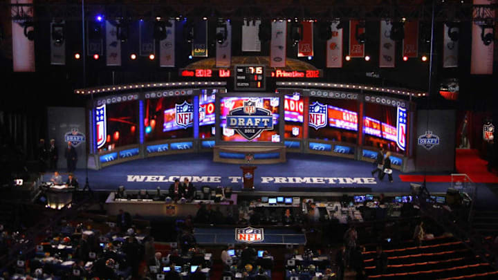 NEW YORK, NY - APRIL 26: A detail view of the draft stage during the 2012 NFL Draft at Radio City Music Hall on April 26, 2012 in New York City. (Photo by Al Bello/Getty Images)