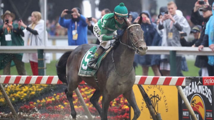BALTIMORE, MD - MAY 21: Exaggerator ridden by Kent Desormeaux leads the field to win the 141st running of the Preakness Stakes at Pimlico Race Course on May 21, 2016 in Baltimore, Maryland. (Photo by Rob Carr/Getty Images)