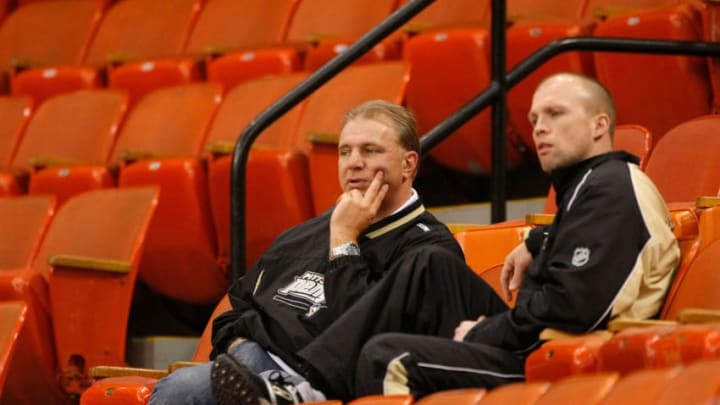 PITTSBURGH - MAY 30: Head coach Michel Therrien and assistant coach Mike Yeo of the Pittsburgh Penguins watch the Detroit Red Wings in a team practice for the 2008 NHL Stanley Cup Finals at Mellon Arena on May 30, 2008 in Pittsburgh. Pennsylvania. (Photo by Dave Sandford/Getty Images)