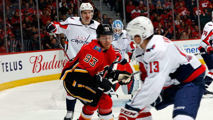 CALGARY, AB - OCTOBER 27: Sam Bennett #93 of the Calgary Flames skates against the Washington Capitals during an NHL game on October 27, 2018 at the Scotiabank Saddledome in Calgary, Alberta, Canada. (Photo by Gerry Thomas/NHLI via Getty Images)