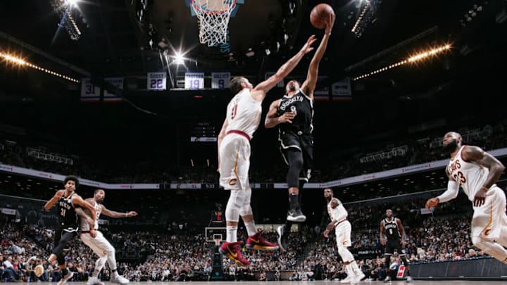 BROOKLYN, NY - OCTOBER 25: Spencer Dinwiddie #8 of the Brooklyn Nets goes to the basket against the Cleveland Cavaliers on October 25, 2017 at Barclays Center in Brooklyn, New York. NOTE TO USER: User expressly acknowledges and agrees that, by downloading and or using this Photograph, user is consenting to the terms and conditions of the Getty Images License Agreement. Mandatory Copyright Notice: Copyright 2017 NBAE (Photo by Nathaniel S. Butler/NBAE via Getty Images)