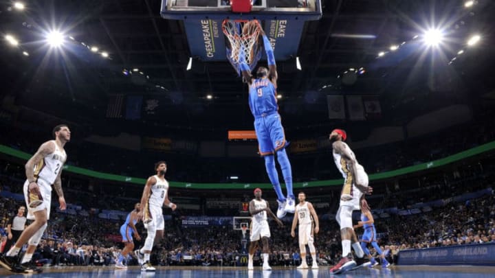 OKC Thunder: Nerlens Noel #9 of the Oklahoma City Thunder dunks the ball against the New Orleans Pelicans(Photo by Bill Baptist/NBAE via Getty Images)