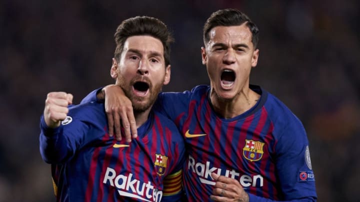 BARCELONA, SPAIN - APRIL 16: Lionel Messi of Barcelona celebrates his firts goal during the UEFA Champions League Quarter Final second leg match between FC Barcelona and Manchester United at Camp Nou on April 16, 2019 in Barcelona, Spain. (Photo by Quality Sport Images/Getty Images)