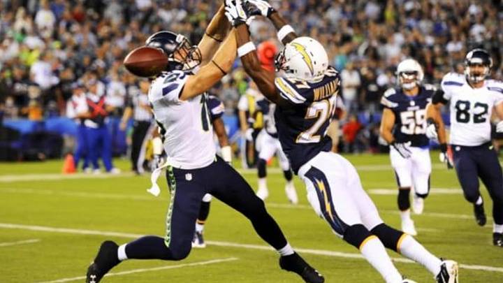 Aug 8, 2013; San Diego, CA, USA; Seattle Seahawks receiver Brett Swain (16) has a pass broken up by San Diego Chargers cornerback Steve Williams (27) in the end zone during the first half at Qualcomm Stadium. Mandatory Credit: Christopher Hanewinckel-USA TODAY Sports