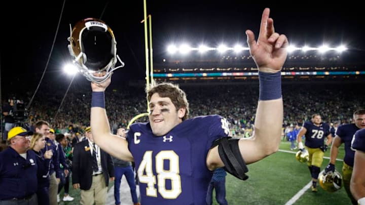 SOUTH BEND, IN - OCTOBER 21: Greer Martini #48 of the Notre Dame Fighting Irish celebrates after a 49-14 win against the USC Trojans at Notre Dame Stadium on October 21, 2017 in South Bend, Indiana. (Photo by Joe Robbins/Getty Images)