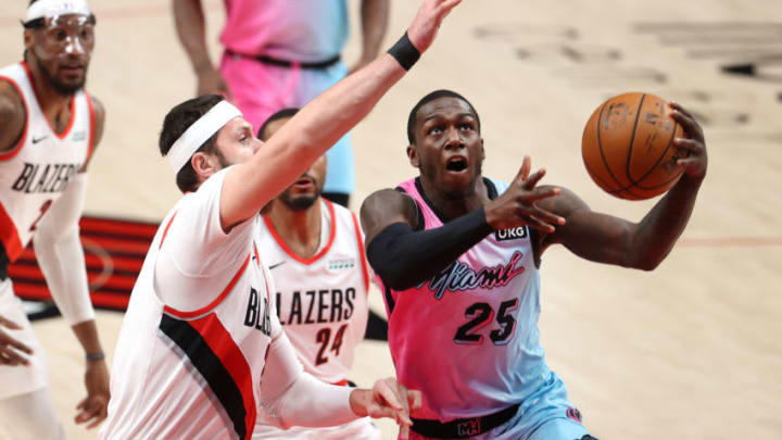 Kendrick Nunn #25 of the Miami Heat takes a shot against Jusuf Nurkic #27 (Photo by Abbie Parr/Getty Images)