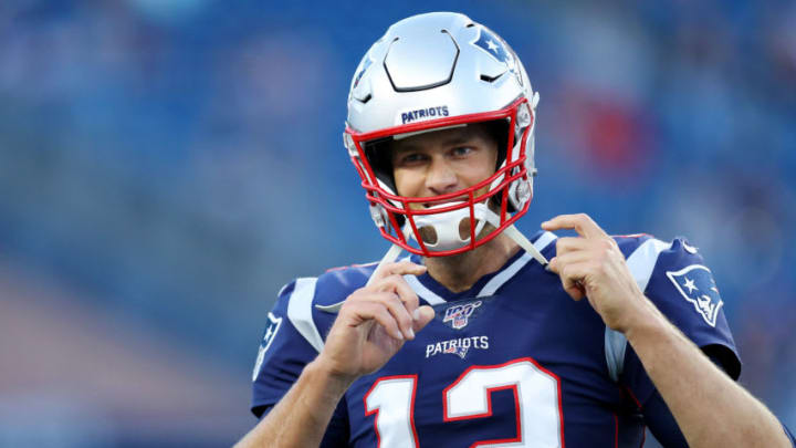 FOXBOROUGH, MASSACHUSETTS - AUGUST 29: Tom Brady #12 of the New England Patriots looks on before the preseason game between the New York Giants and the New England Patriots at Gillette Stadium on August 29, 2019 in Foxborough, Massachusetts. (Photo by Maddie Meyer/Getty Images)