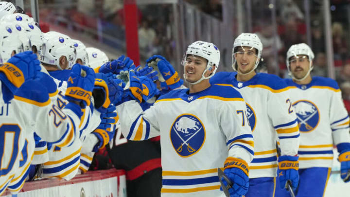 Nov 4, 2022; Raleigh, North Carolina, USA; Buffalo Sabres defenseman Jacob Bryson (78) celebrates his goal against the Carolina Hurricanes during the first period at PNC Arena. Mandatory Credit: James Guillory-USA TODAY Sports