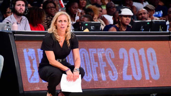 ATLANTA, GA - AUGUST 26: Head Coach Nicki Collen of the Atlanta Dream looks on during the game against the Washington Mystics during Game One of the 2018 WNBA Semifinals on August 26, 2018 at McCamish Pavilion in Atlanta, Georgia. NOTE TO USER: User expressly acknowledges and agrees that, by downloading and/or using this Photograph, user is consenting to the terms and conditions of the Getty Images License Agreement. Mandatory Copyright Notice: Copyright 2018 NBAE (Photo by Scott Cunningham/NBAE via Getty Images)