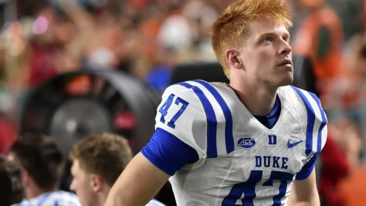 Nov 26, 2016; Miami Gardens, FL, USA; Duke Blue Devils place kicker Will Kline (47) looks on from the sideline during the second half against Miami Hurricanes at Hard Rock Stadium. Miami won 40-21. Mandatory Credit: Steve Mitchell-USA TODAY Sports