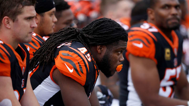 CINCINNATI, OH – NOVEMBER 25: Malik Jefferson #45 of the Cincinnati Bengals sits on the sideline during the game against the Cleveland Browns at Paul Brown Stadium on November 25, 2018 in Cincinnati, Ohio. (Photo by Joe Robbins/Getty Images)