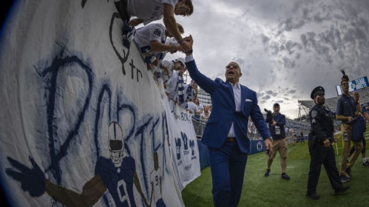 STATE COLLEGE, PA - OCTOBER 02: Head coach James Franklin of the Penn State Nittany Lions interacts with fans before the game against the Indiana Hoosiers at Beaver Stadium on October 2, 2021 in State College, Pennsylvania. (Photo by Scott Taetsch/Getty Images)
